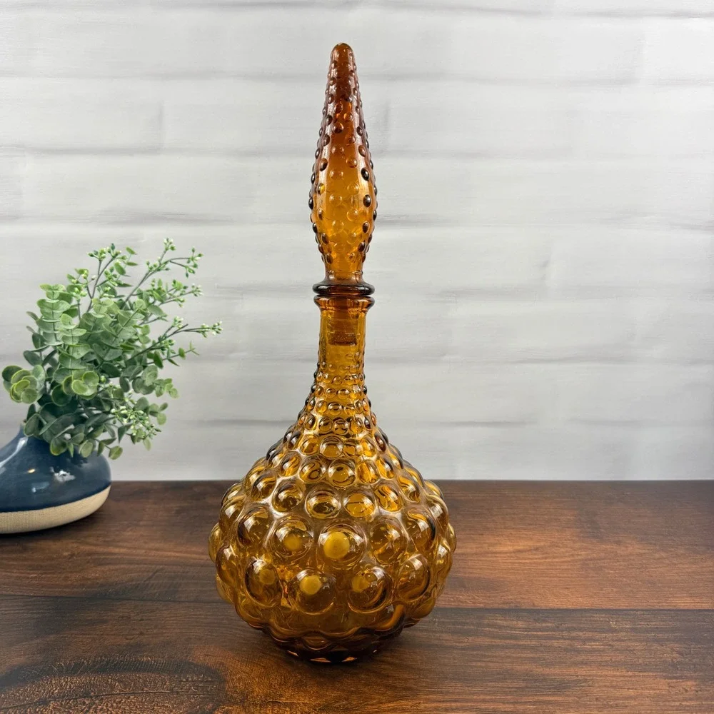 Empoli Large Bubble Squat Amber Genie Bottle Decanter Italian Glass MCM